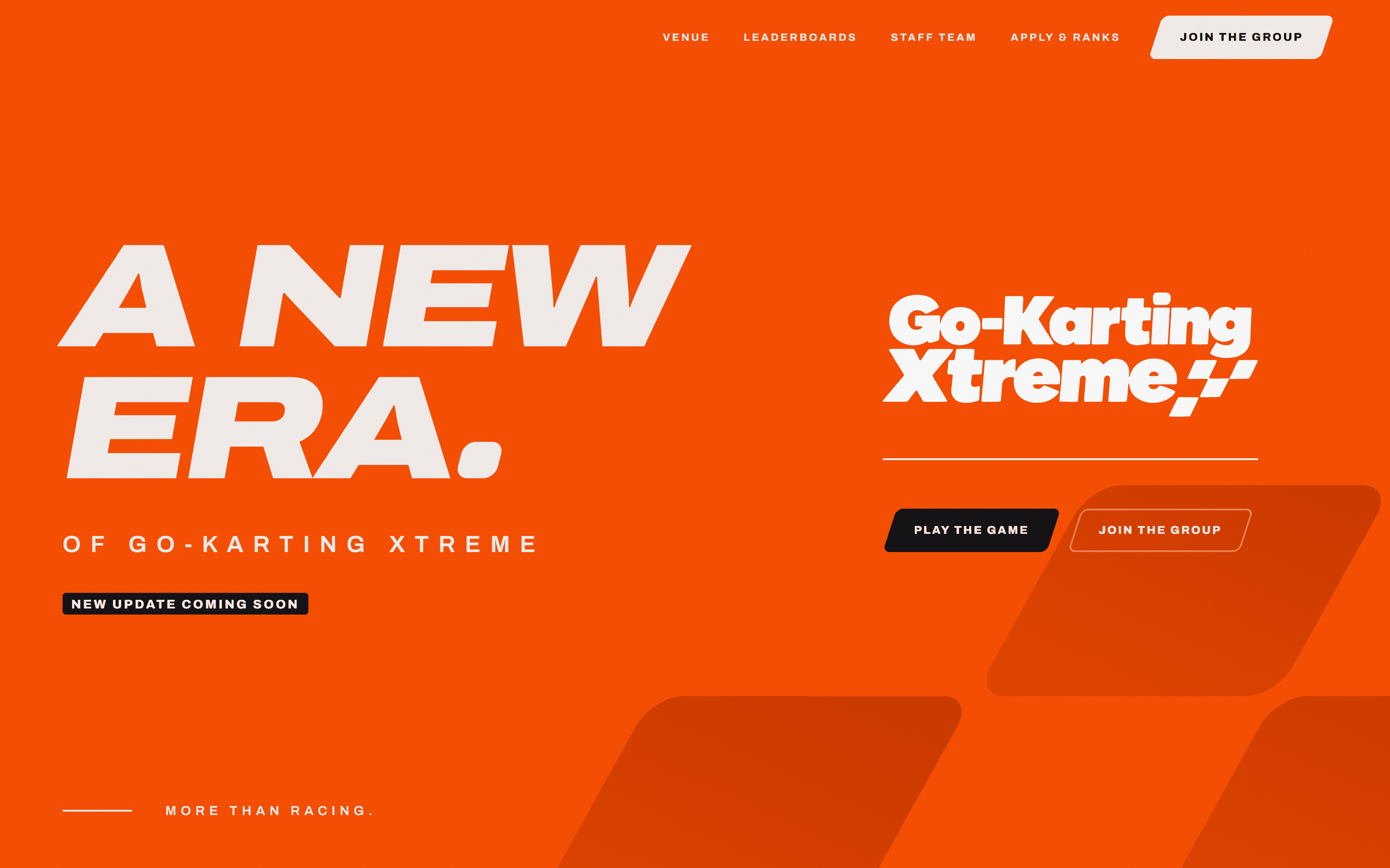 Go-Karting Xtreme homepage: 'A new era' in heavy italic type on bright orange, with Play the game and Join the group buttons