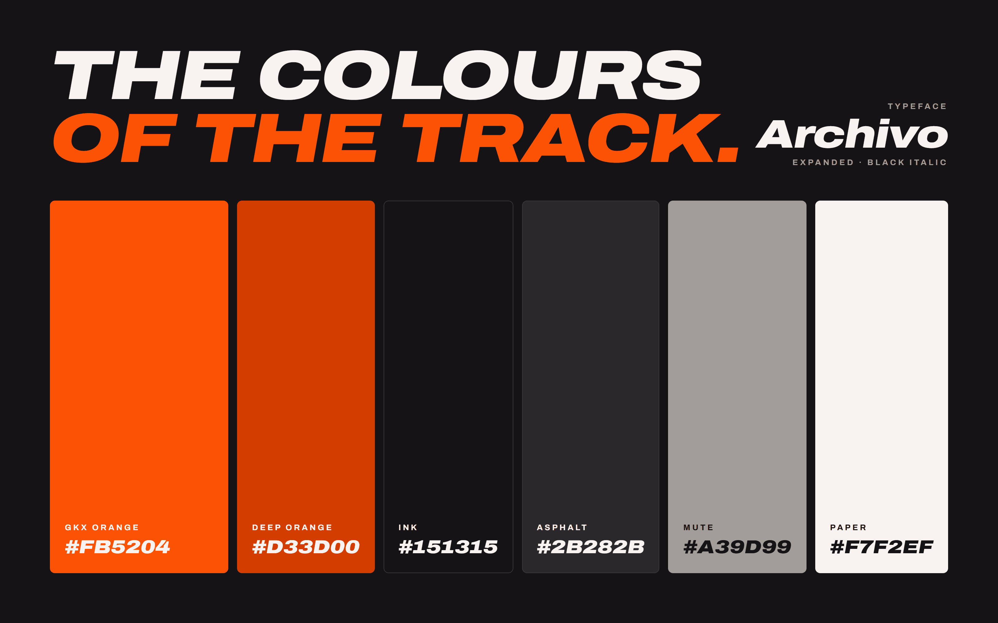 The Go-Karting Xtreme colour palette: GKX orange, deep orange, ink, asphalt, mute and paper, set beside the Archivo typeface