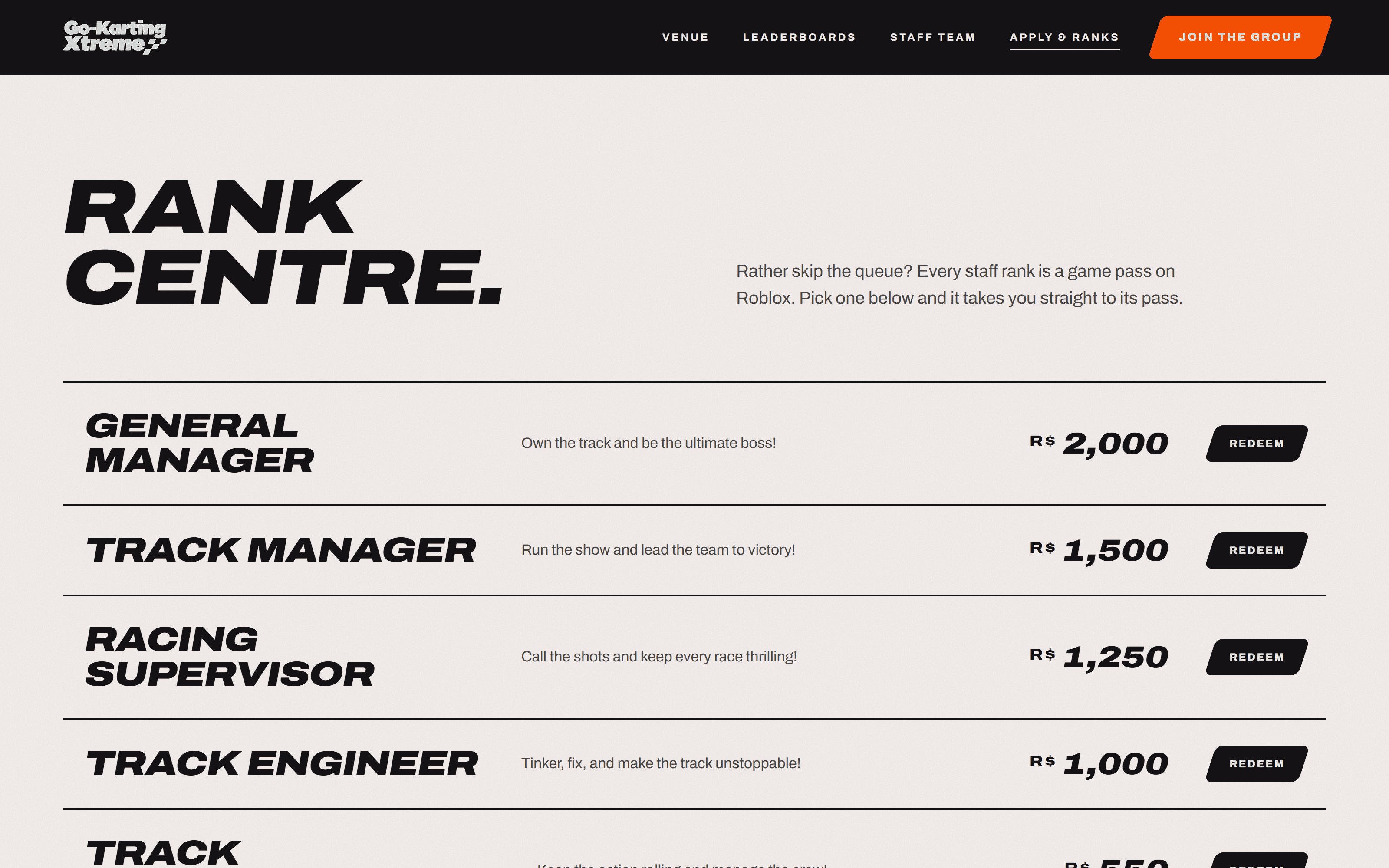 The Go-Karting Xtreme rank centre, listing every staff rank with its price in Robux