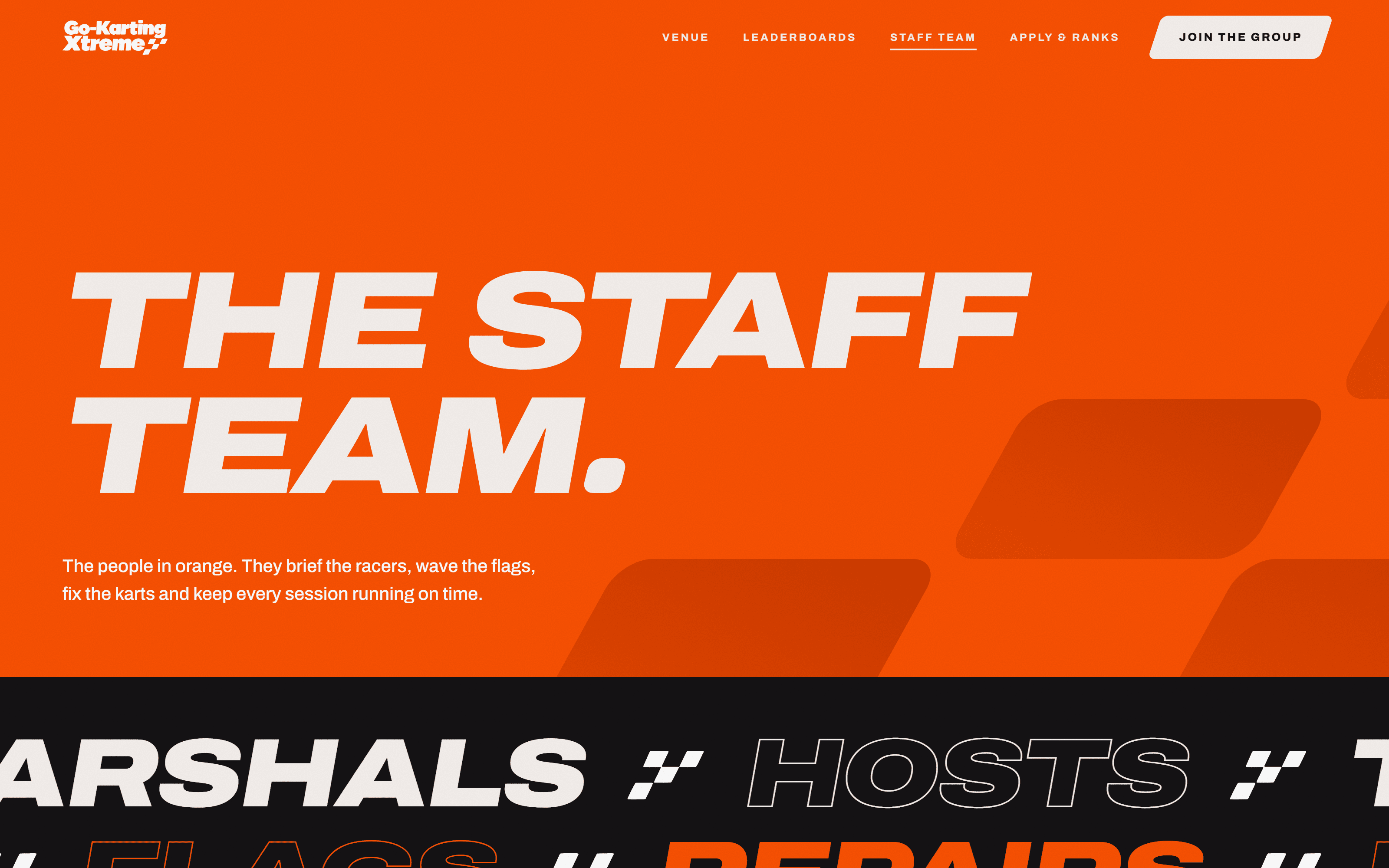 The top of the Go-Karting Xtreme staff page: 'The staff team.' on orange, above a marquee of marshals, hosts, flags and repairs