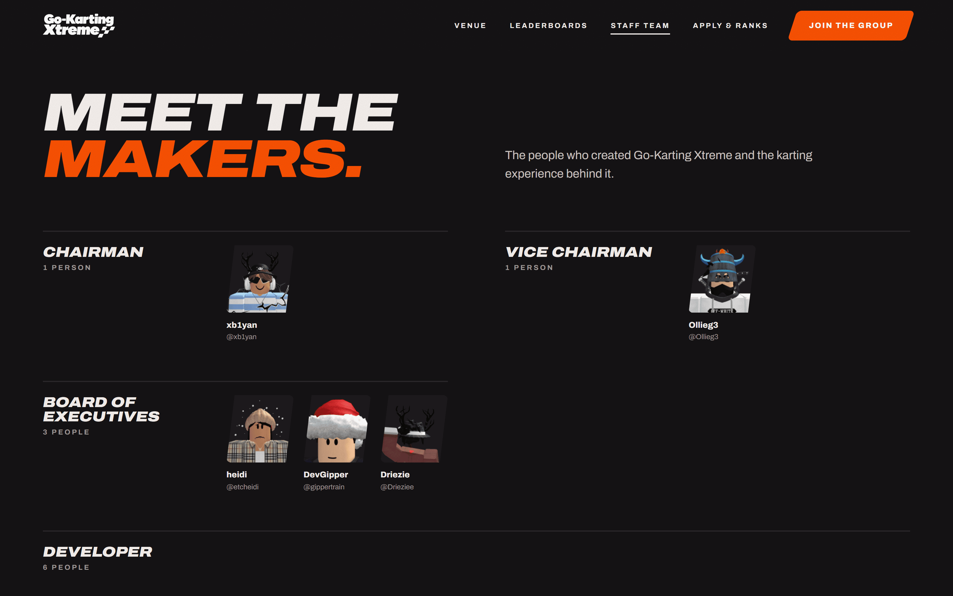 The Meet the makers wall on the Go-Karting Xtreme staff page, with avatars pulled live from the Roblox group