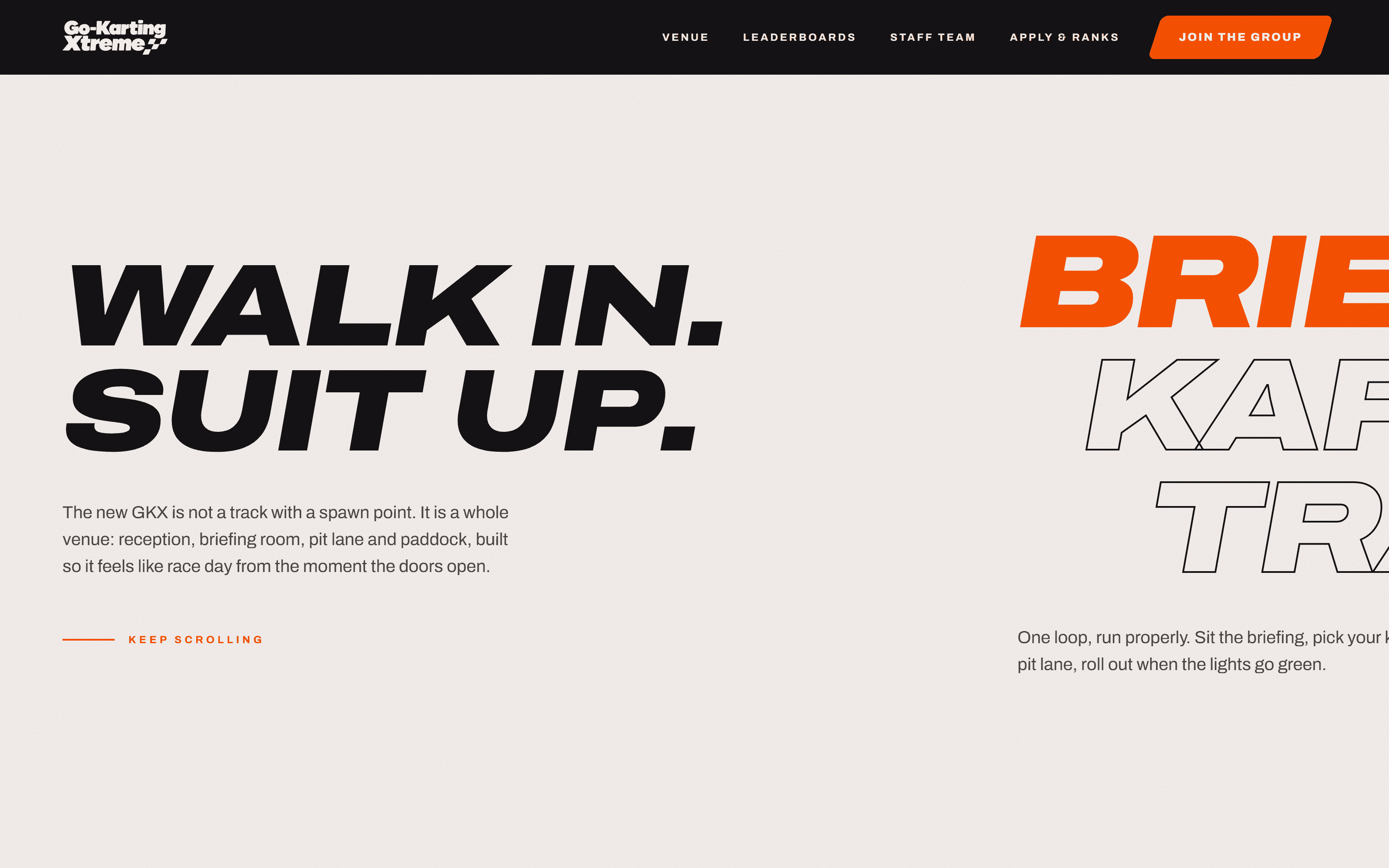 The venue section: 'Walk in. Suit up.' next to large outlined type that scrolls sideways through the venue