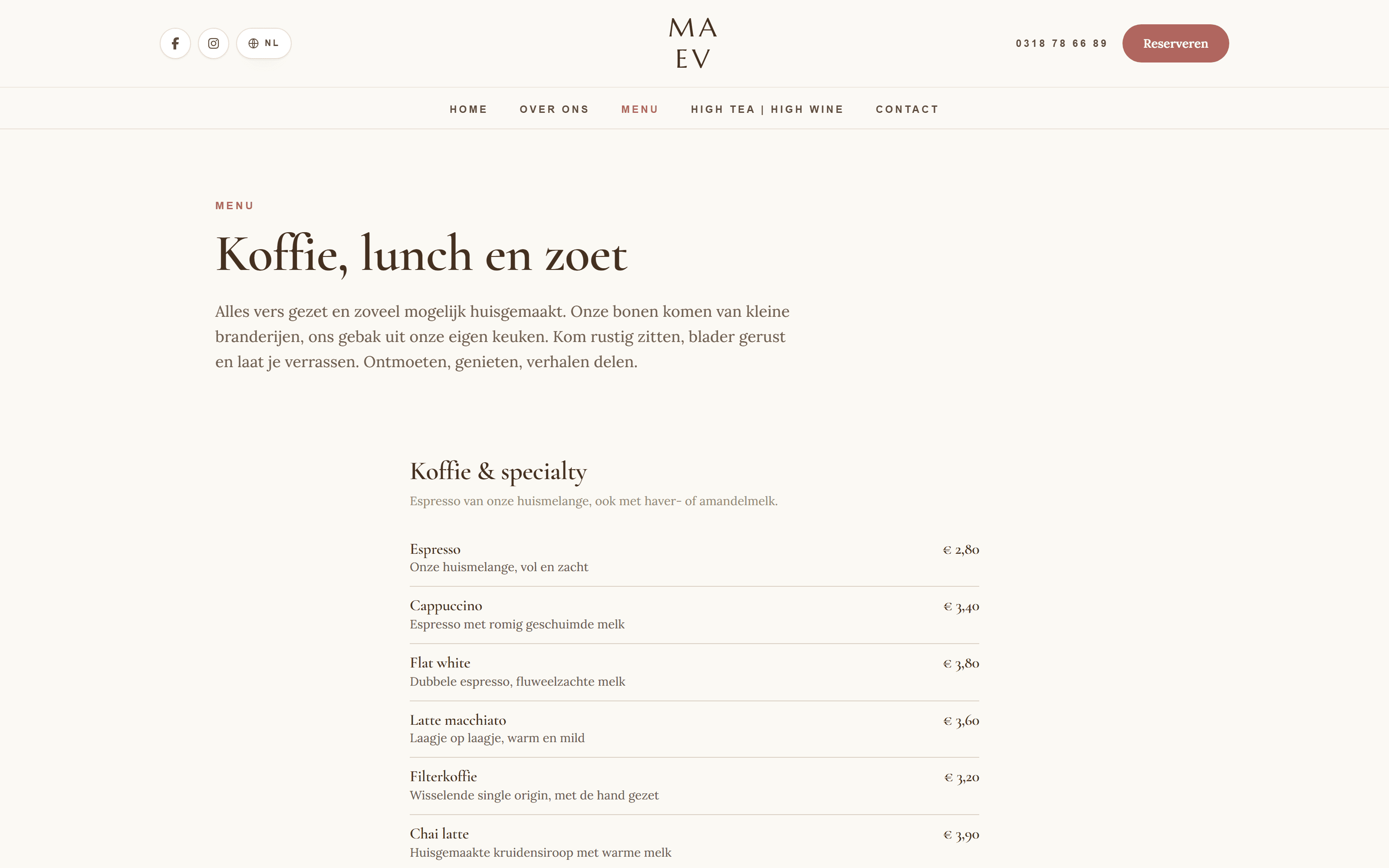 The menu page of Café MAEV, with coffee, food and drinks