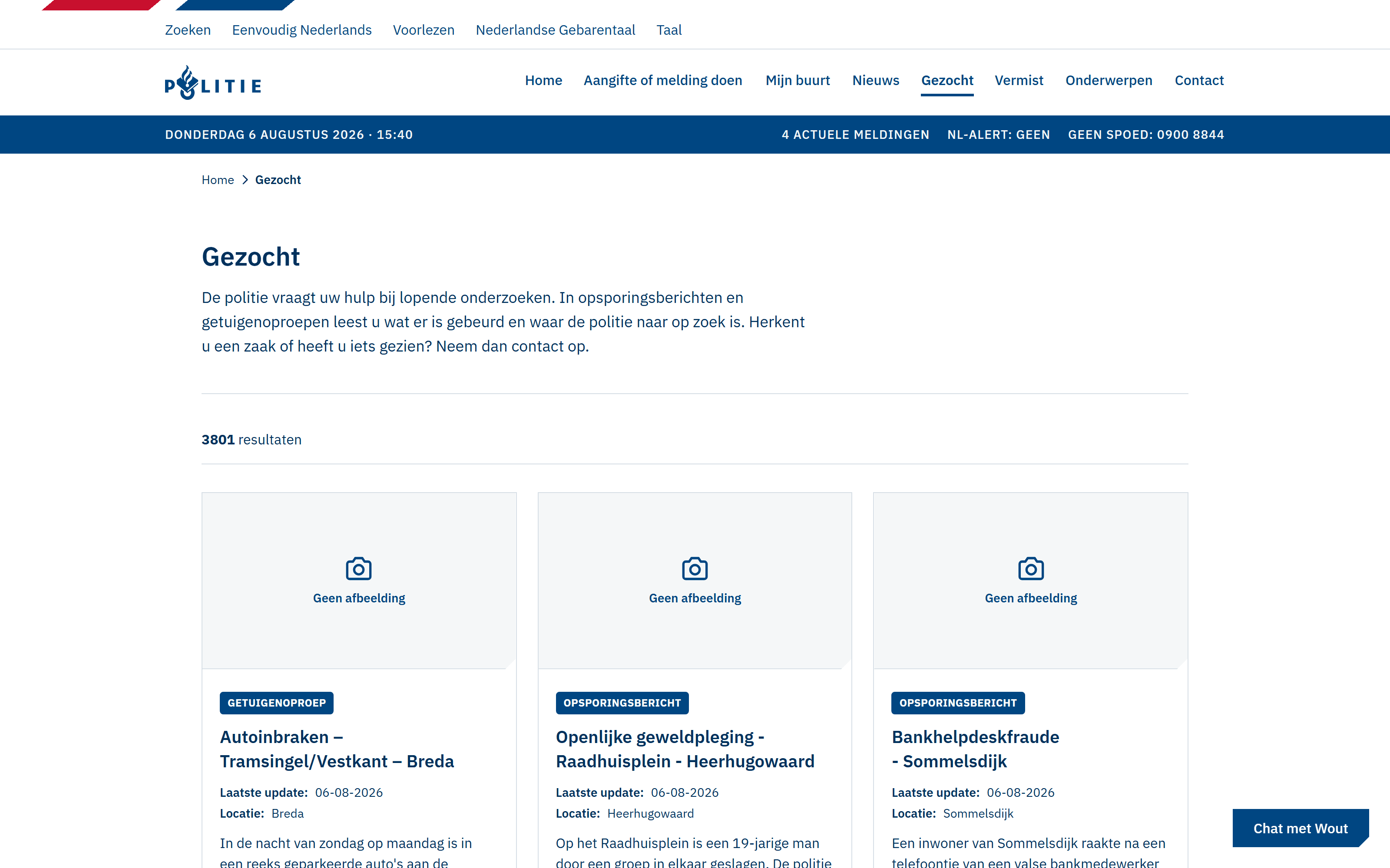 The wanted overview in the Politie.nl concept, showing 3801 results as dated case cards