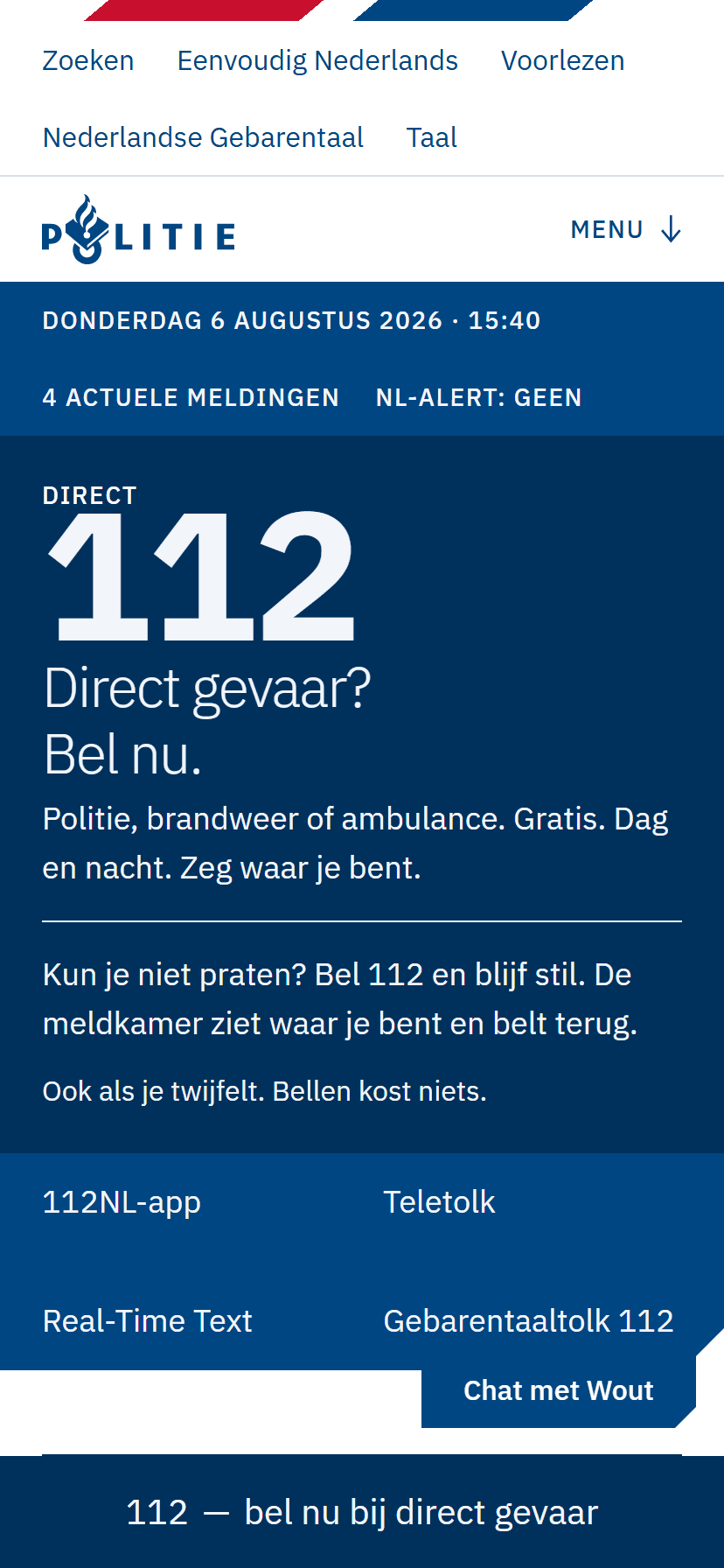 The Politie.nl concept on a phone, with the 112 band above the wordmark