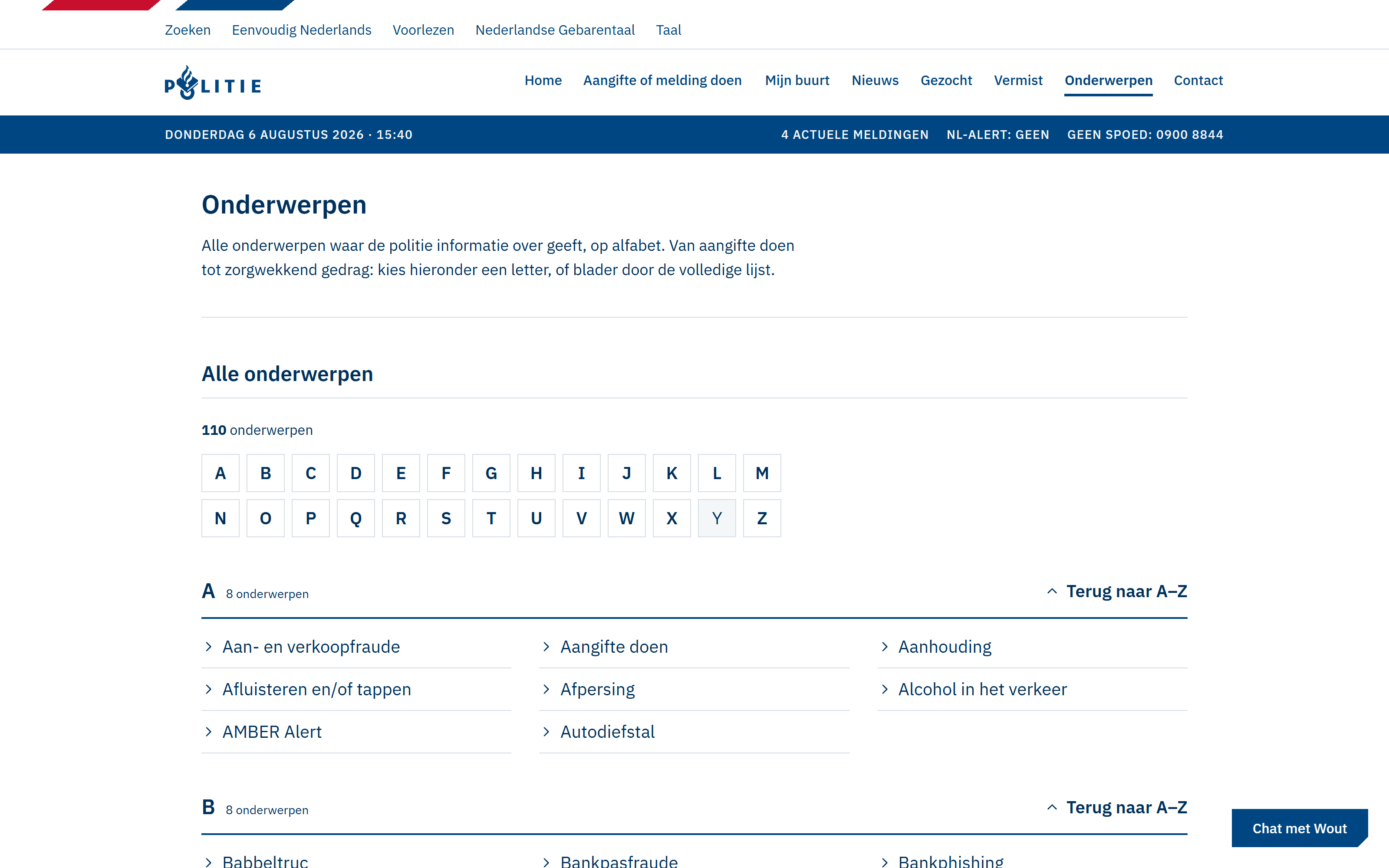 The topics index in the Politie.nl concept, an A to Z of hundreds of subjects