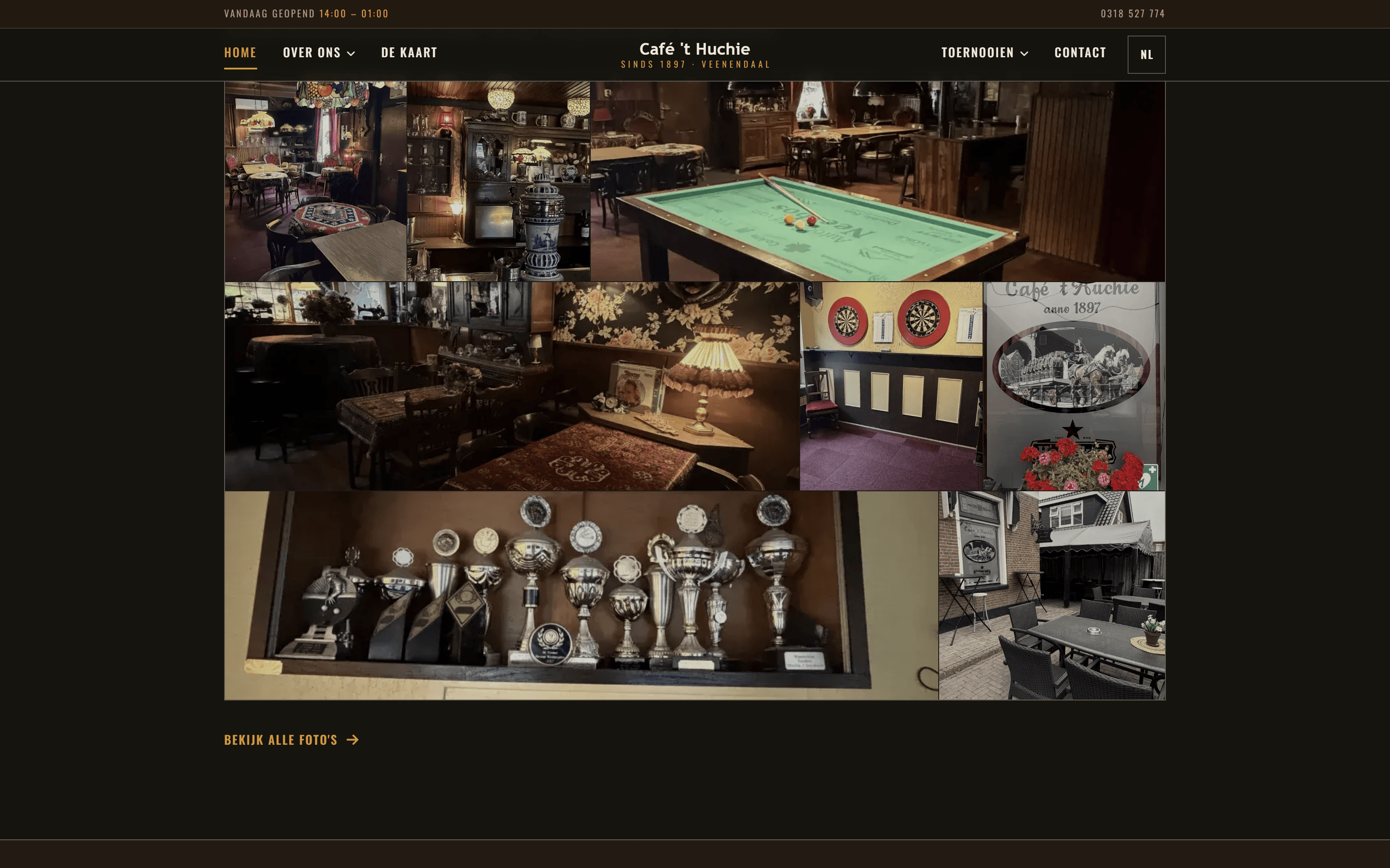 Photo grid on the Café 't Huchie homepage showing the bar interior, dartboards and the trophy cabinet