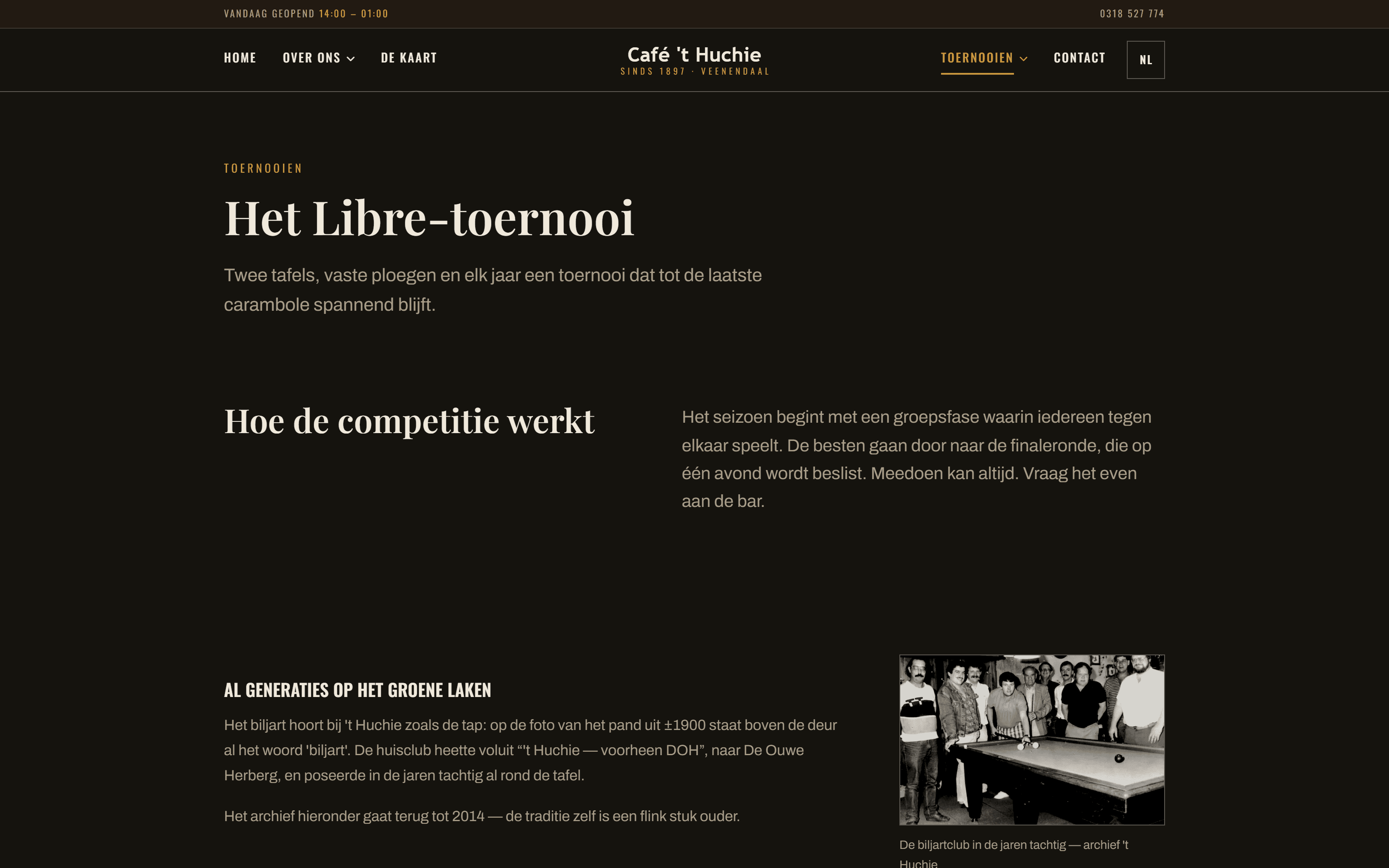 The tournaments page of Café 't Huchie, listing the yearly Libre billiards competition